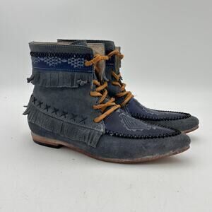 Freebird by Steven Tribe Blue Fringe Moccasin Boots Women's 8 Western Indie